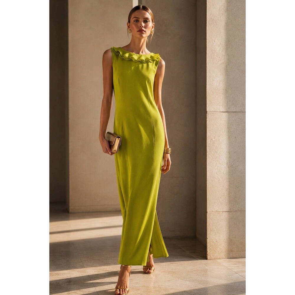 YL by Yair Chartreuse Maxi Dress Semi Formal Silk Ruffle Size 14 Vintage